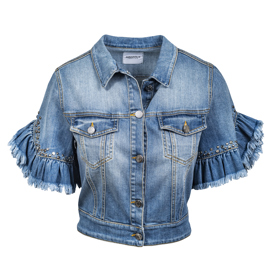 Variace na džínovou bundu pro mladé dívky. Rukávy zdobí volány a cvočky.