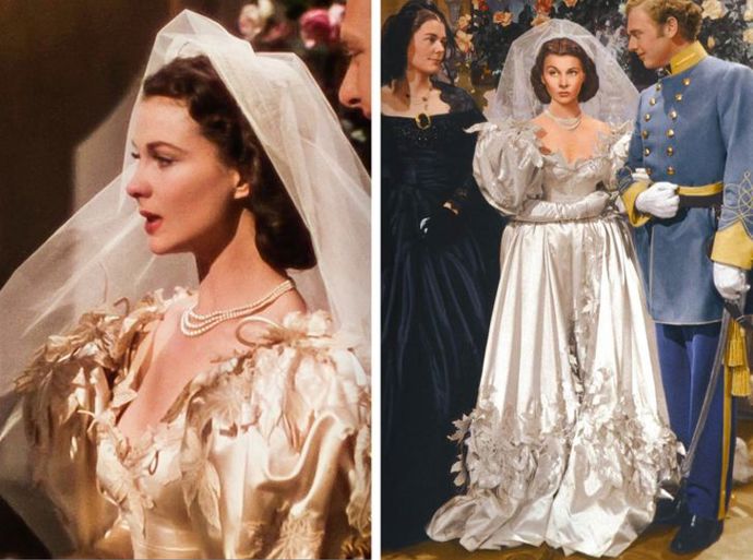 Kostýmní výtvarnice filmu Jih proti severu zvolila pro Scarlett (Vivien Leigh, 1939) staromódní a relativně jednoduché šaty, které přesně vystihovaly dramatické okolnosti, za kterých se filmová svatba konala. I tak jsou nesmírně půvabné.
