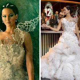 Vzhled Katnissiných (Maiara Walsh, 2013) bílých šatů s extravagantní krajkou a futuristickým korzetem pro Hunger Games: Vražedná pomsta vytvořil indonéský designér jménem Tex Saverio. 