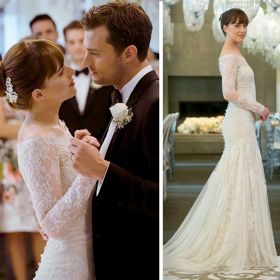 Krajka, odkrytá ramena a dlouhá vlečka jsou to, co můžete obdivovat na svatebních šatech navržených Monique Lhuillier pro Anastasiu (Dakota Johnson, 2018) ve filmu Padesát odstínů svobody. Návrhářka řekla: „Chtěla jsem vytvořit něco tradičního, ale s moderním nádechem, abych podtrhla osobnost Anastasie.“
