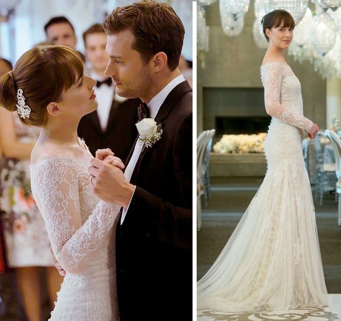 Krajka, odkrytá ramena a dlouhá vlečka jsou to, co můžete obdivovat na svatebních šatech navržených Monique Lhuillier pro Anastasiu (Dakota Johnson, 2018) ve filmu Padesát odstínů svobody. Návrhářka řekla: „Chtěla jsem vytvořit něco tradičního, ale s moderním nádechem, abych podtrhla osobnost Anastasie.“
