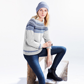 Pletený svetr s norským vzorem, 399 Kč.