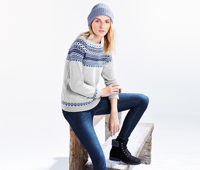 Pletený svetr s norským vzorem, 399 Kč.
