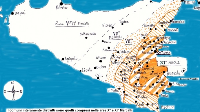 Mapa postiženého území s vyznačením intenzity otřesů.