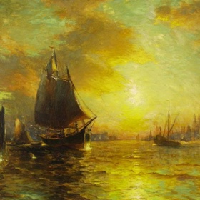 Přístav v New Yorku na dobovém obrazu od Georga McCorda. Odtud vyplula Mary Celeste na svoji záhadnou cestu do Janova.