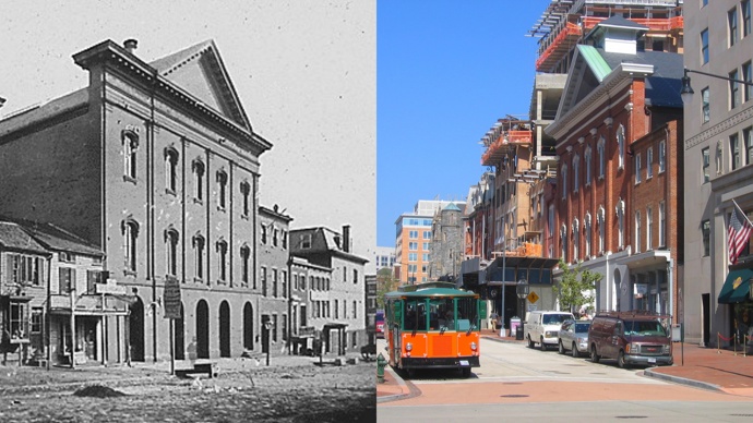 Podoba Fordova divadla, kde k atentátu došlo, na dobovém snímku a dnes. Okolí se mění, divadlu zůstává jeho původní podoba...