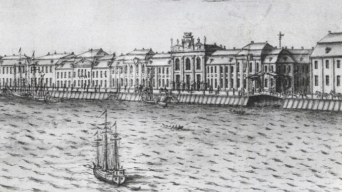 Zimní palác ve své původní podobě, jak jej nechal postavit car Petr I. v roce 1711. Později prošel několika úpravami a zásadní přestavbou, která mu dala dnešní podobu.