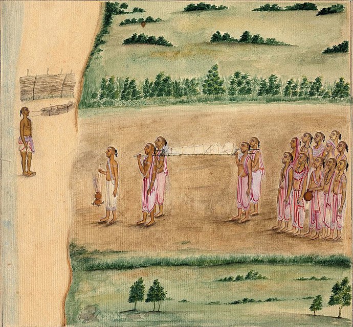 Takto vypadá pohřeb v Indii. Pohřební hranice se nachází vlevo nahoře vedle řeky, po které poplují zbytky nebožtíkova těla.