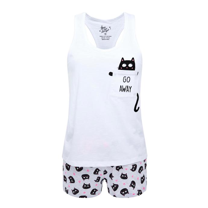 Bílá pyžamová souprava šortek a tílka s motivem kočky, 155 Kč