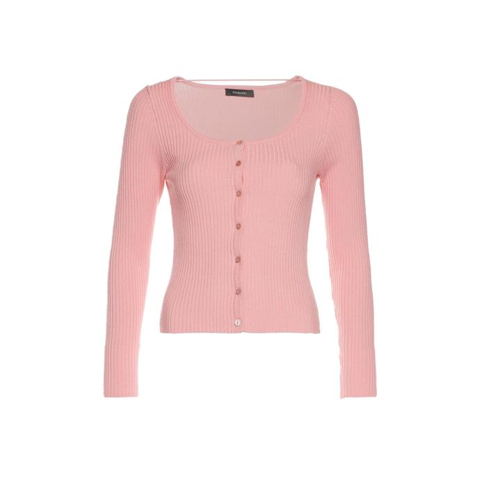 Broskvový pletený kardigan s širokým výstřihem, 285 Kč