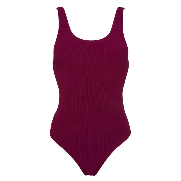 Vínové jednodílné plavky s výstřihem, 210 Kč