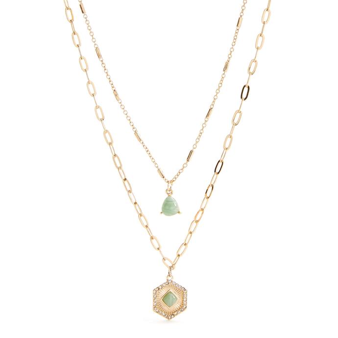 Zlatý dvouřadý náhrdelník s přívěsky s kamínky, 80 Kč