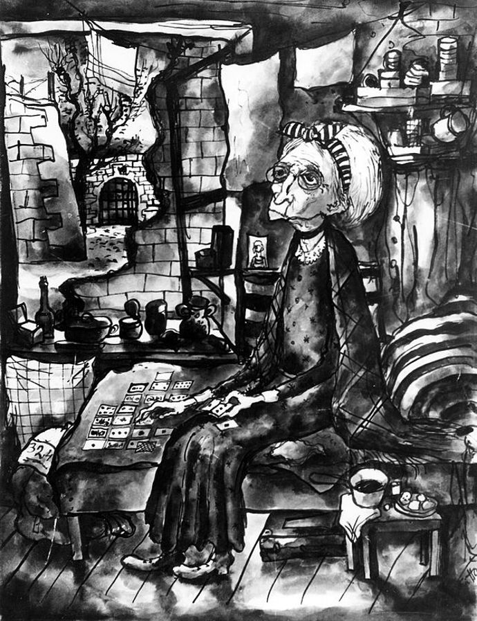 Mnozí z vězňů zachycovali život v terezínském ghettu na obrazech. V tomto případě jde o ženu hrající karty.