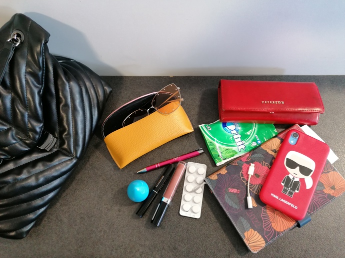 Ukrývá mobilní telefon, sluneční brýle, diář, propisku, magnezium, kabel k telefonu, lesk na rty, řasenku a jelení lůj.