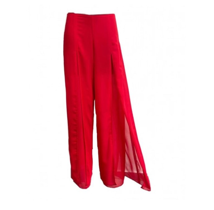Červené šifonové kalhoty s dvojitými nohavicemi, přičemž vrchní mají vysoké rozparky. Fashion-M&M, 3269 Kč