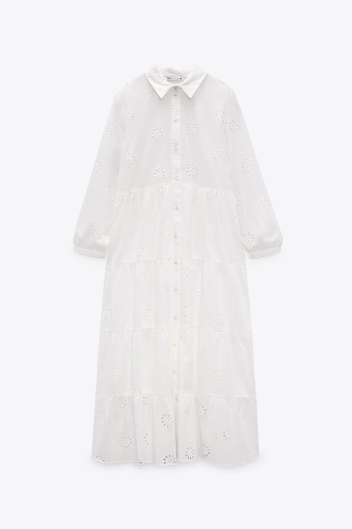 Bílé midi šaty s límečkem a dlouhým rukávem. ZARA, 1399 Kč