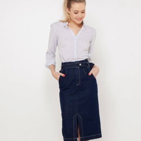 Tmavě modrá džínová sukně pod kolena. CAMAÏEU, 535 Kč