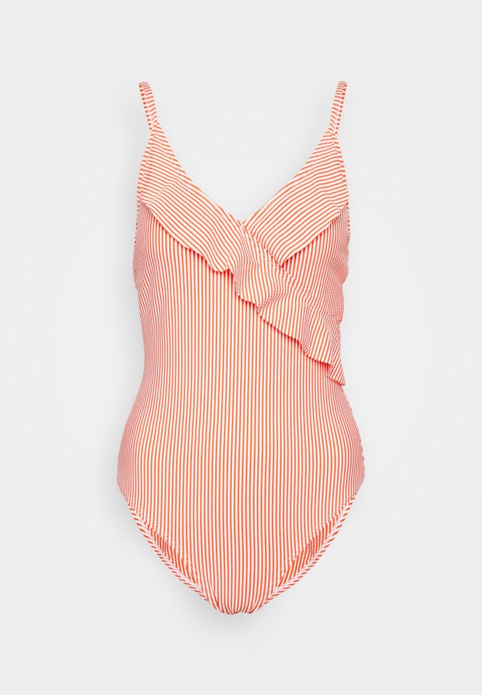 Jednodílné pruhované plavky s volánky. Becksöndergaard, Zalando, 1326 Kč. 