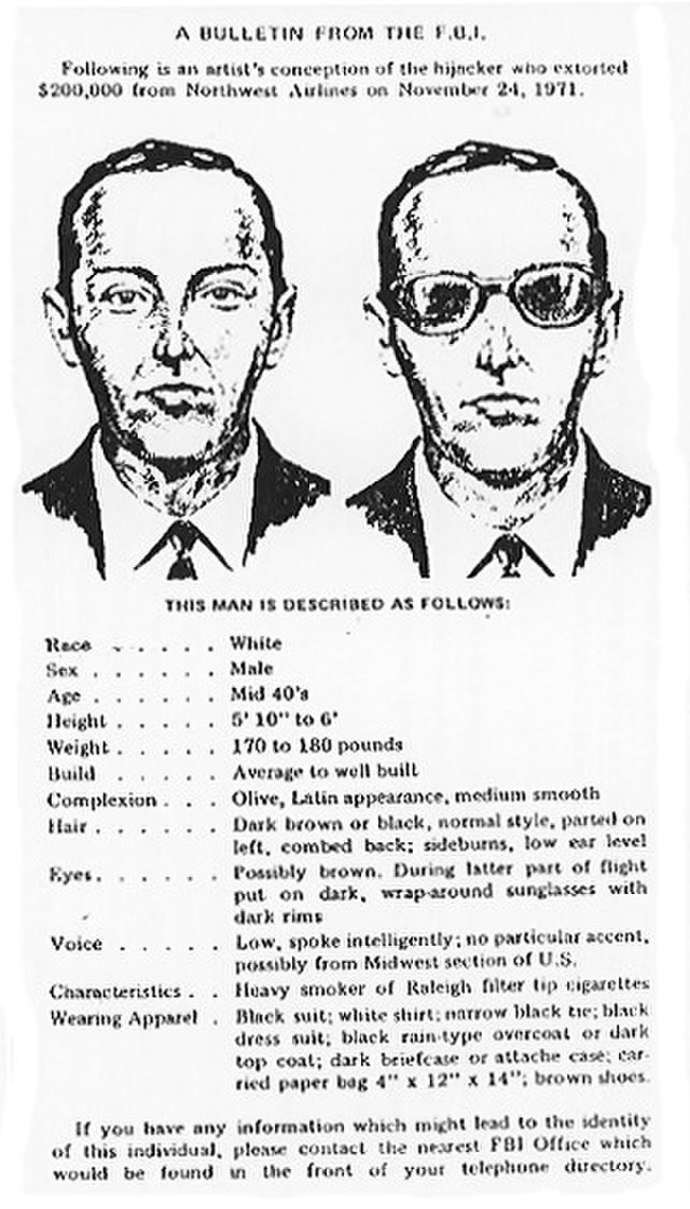 Muž známý jako DB Cooper přepadl v listopadu roku 1971 letadlo, jenž mělo namířeno do Oregonu. Tvrdil, že má u sebe bombu. FBI mu následně poskytla padák a dvě stě tisíc dolarů. Poté, co vyskočil z letadla, ho už nikdo nikdy neviděl. 