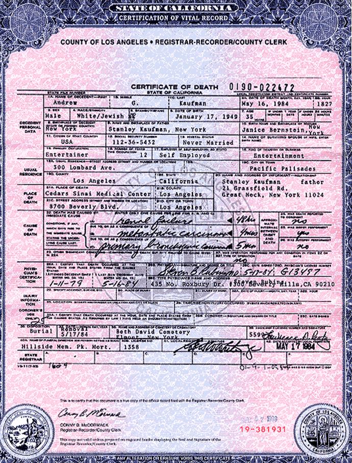 Tohle je oficiální dokument o jeho smrti. Andy Kaufman byl však velký vtipálek a přesně takový žert by do jeho repertoáru zapadal. Navíc vlastně ani nikdo nevěděl, že je nemocný. 