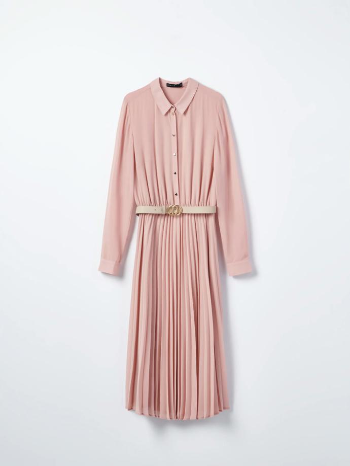 Růžové košilové šaty s páskem. MOHITO, 699 Kč