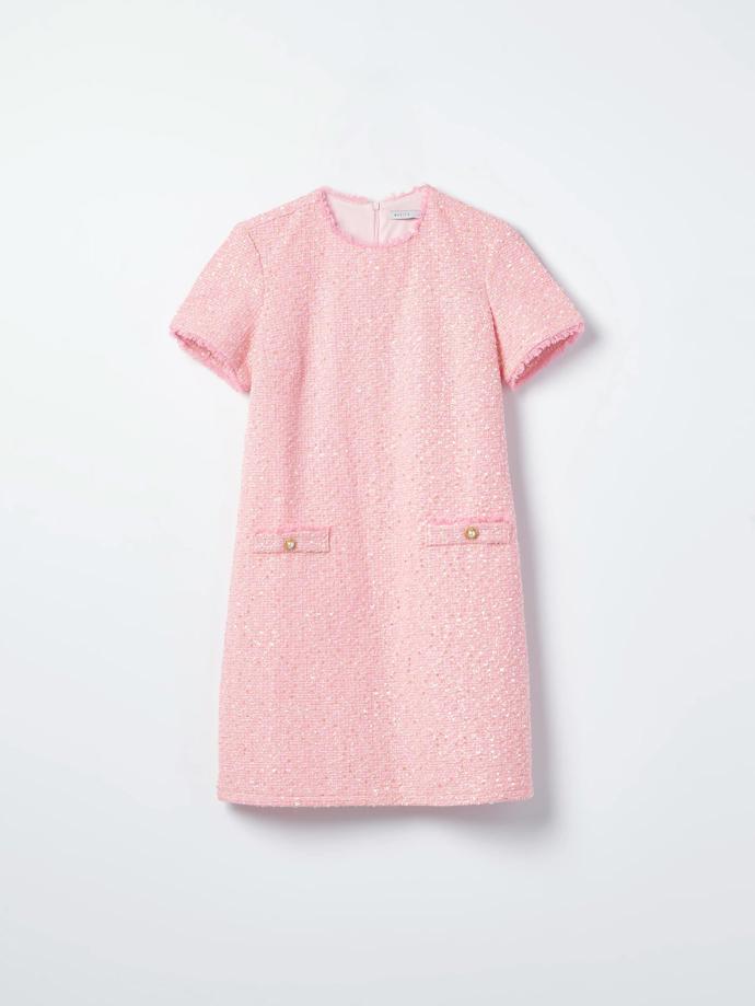 Světle růžové tvídové šaty. MOHITO, 299 Kč