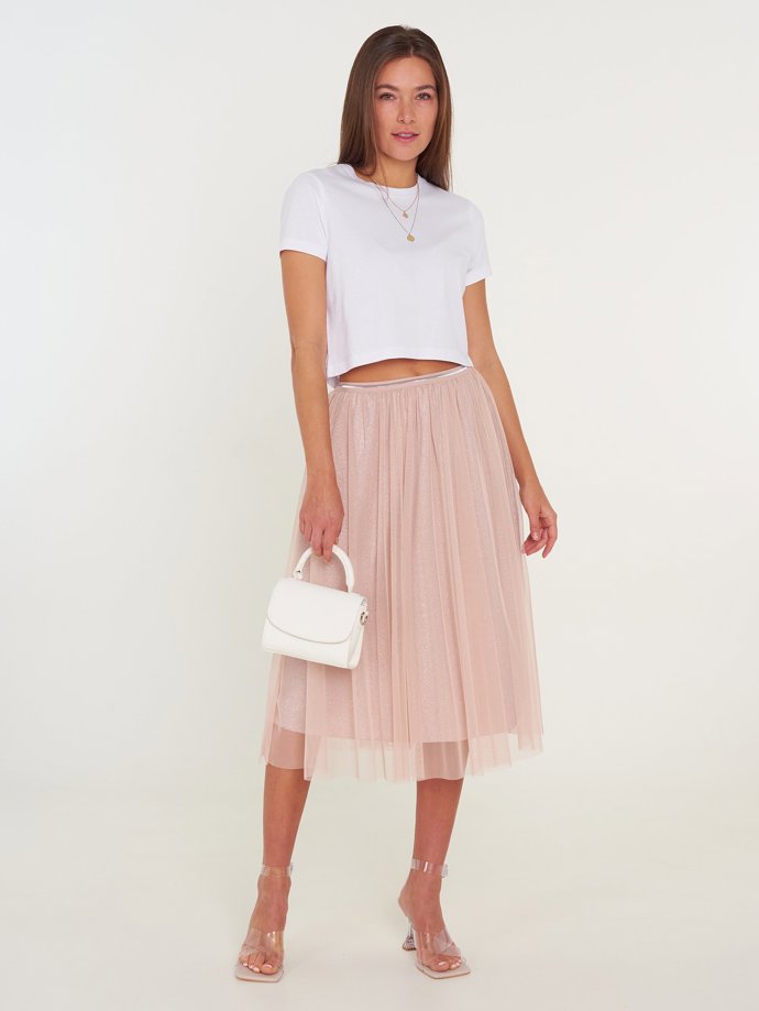 Tylová sukně midi s metalickým vláknem. GATE, 498 Kč. 