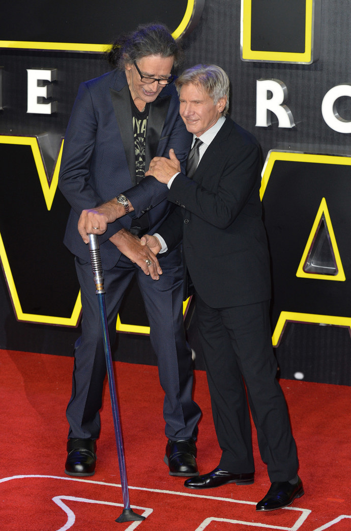 Tady jsou Harrison Ford a Peter Mayhew v roce 2015 na premiéře snímku Star Wars: Síla se probouzí, tedy téměř 40 let od první spolupráce.