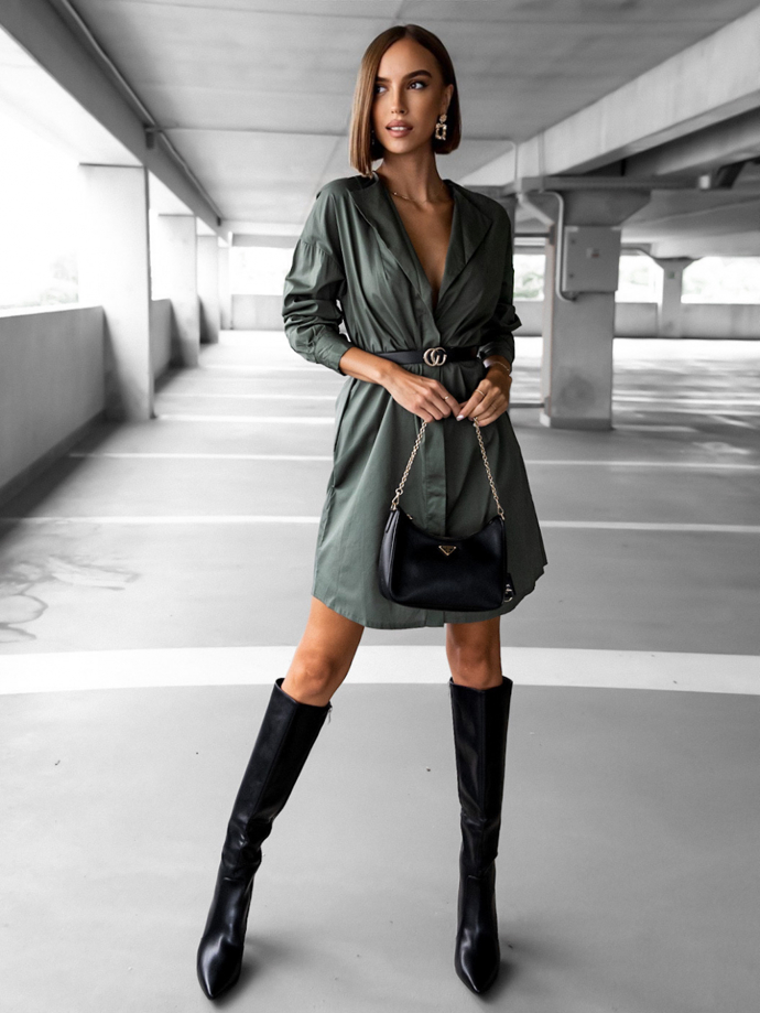 Khaki elegantní košilové šaty s opaskem. Erika FASHION, 740 Kč