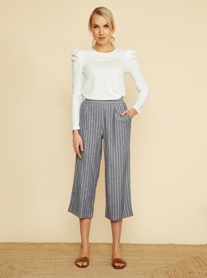 Šedomodré pruhované culottes. ZOOT.lab, 419 Kč