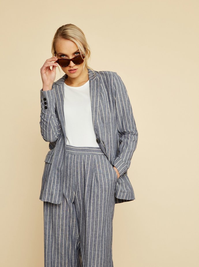 Šedomodré dámské pruhované sako. ZOOT.lab, 699 Kč