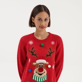 Červený vánoční svetr se soby. Značka Cropp, 599 Kč