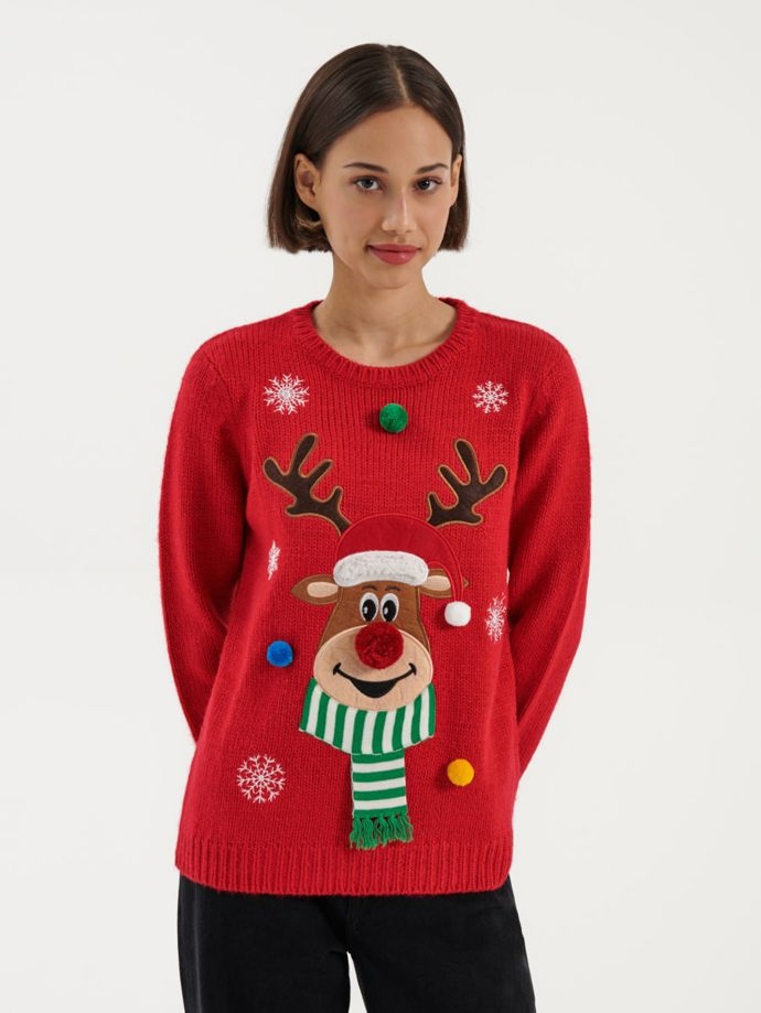 Červený vánoční svetr se soby. Značka Cropp, 599 Kč
