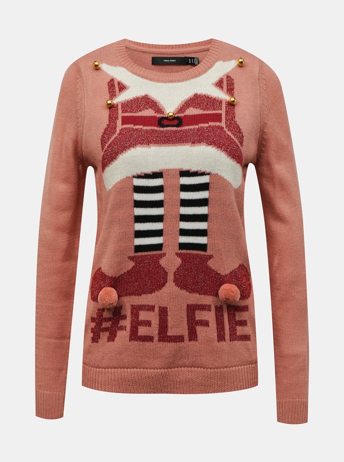 Růžový svetr s vánočním motivem New Elfie. Značka Vero Moda, 689 Kč