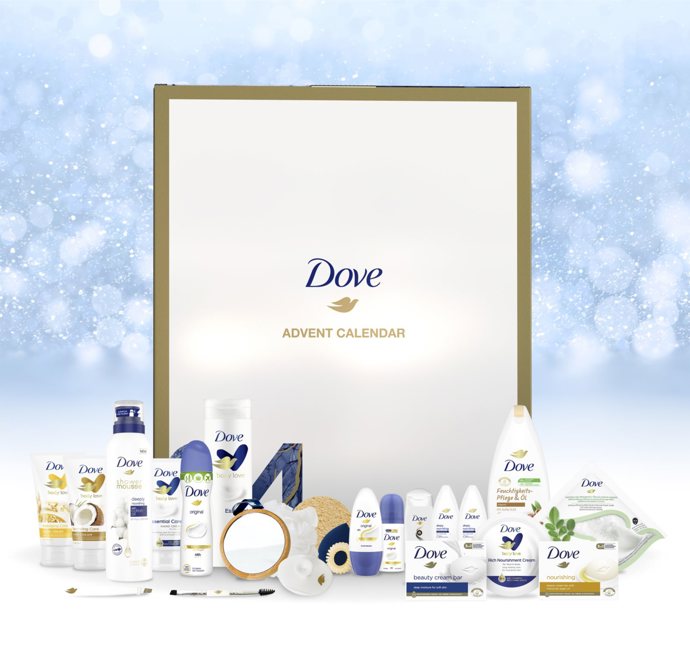 Pečující produkty v adventním kalendáři značky Dove vám budou dobrým pomocníkem i na cesty, malé lahvičky se skvěle hodí do cestovní tašky. Cena 1259 Kč
