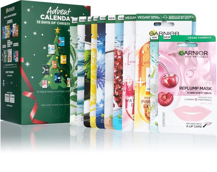 Adventní kalendář Garnier nabízí 12 plátýnkových masek, které si tak můžete dopřát obden během prosincového čekání na Vánoce. Cena 949 Kč