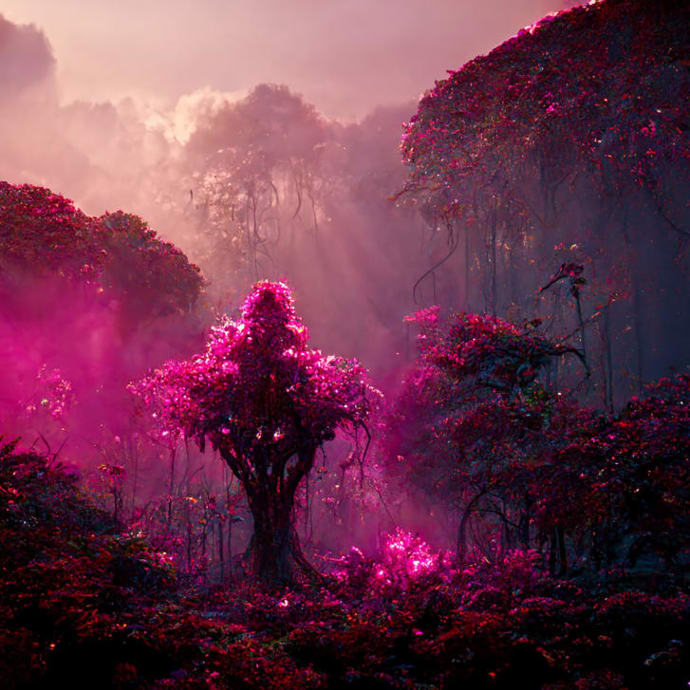 Vyjádření virtuální reality plné Viva Magenty, spojené s přírodou. 