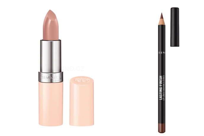 Z drogerie také můžete zkusit kombinaci od RIMMEL. Konturovací tužku Lasting Finish v odstínu Cappuccino (100 Kč) a rtěnku Lasting Finish Nude v odstínu 042 (129 Kč).