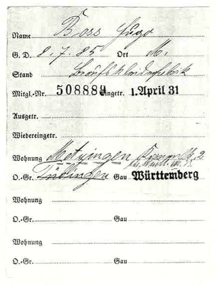 Stranický průkaz NSDAP vydaný na jméno Hugo Boss je důkazem toho, že mu tato doktrína nebyla úplně cizí.