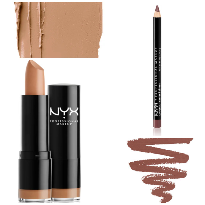 Levnější verzi najdete například u značky NYX. Konturovací tužka v odstínu Mauve (149 Kč) se rtěnkou v odstínu Rea (149 Kč).