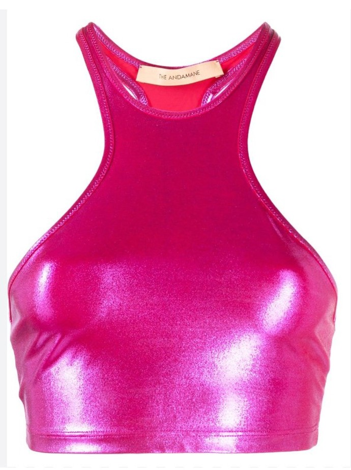Růžový crop top Julia s metalickým finišem. Andamane, 134 dolarů