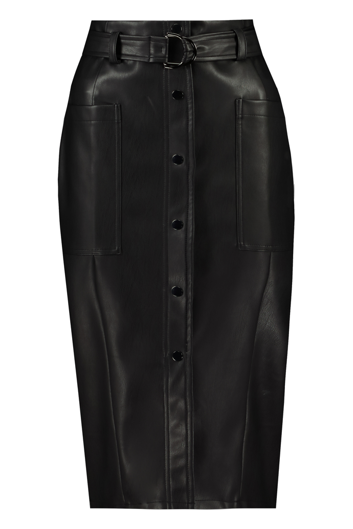 Kalhoty a sako můžete doplnit ještě o sukni z kůže či koženky. Propínací pouzdrová varianta vám navíc zaručí krásné křivky. F&F, 799 Kč
