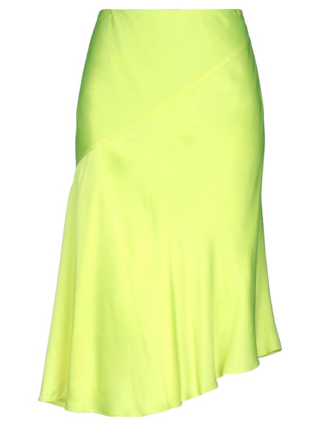 Saténová midi sukně v pastelové variantě svítivě žluté neonky z kolekce značky Helmut Lang (239 eur) představuje mírnou variantu neonových tónů, kterou lze snadno zařadit i do formálnějšího outfitu.