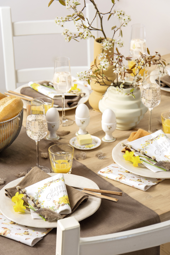 Stylová velikonoční tabule vyladěná do posledního detailu může být také způsobem tematického tvoření. Využijte doplňky s velikonoční tématikou německé značky IHR a zahrňte hosty i rodinu slepičkami a vajíčky. Ubrousky 130 Kč, stojánek na vajíčka 200 Kč
