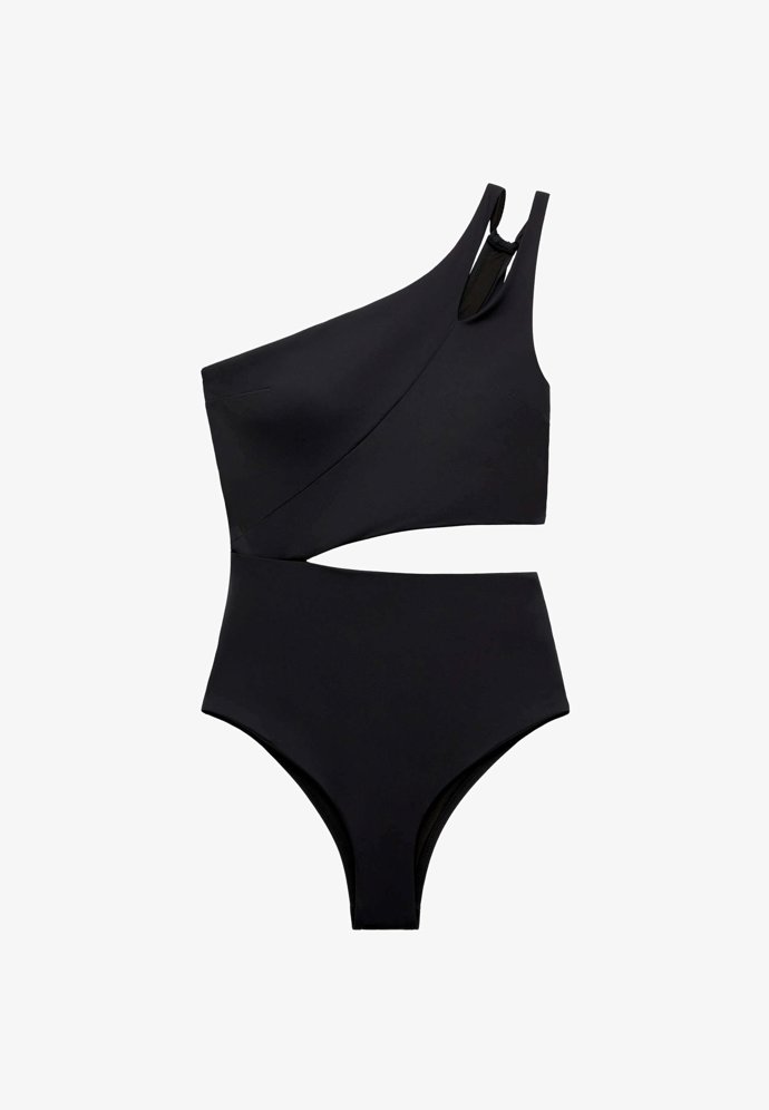 Variabilní nošení ramínek na rameni či kolem krku umožňuje pružná vázací tkanička na zádech. Plavky Oysho, 1 199 Kč