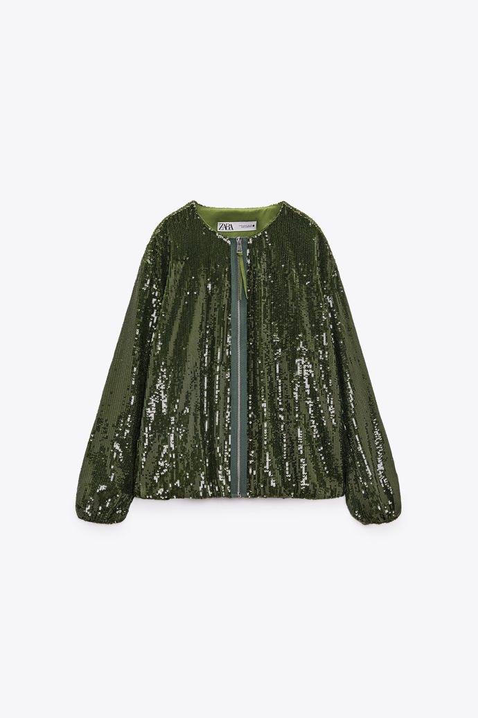 Zelený flitrový bomber, Zara, 2 299 Kč