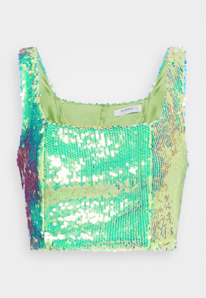 Šupinám podobný povrch topu v duhových odstínech evokuje party atmosféru, unosíte jej ale i v běžném denním šatníku. (Glamorous, 790 Kč)