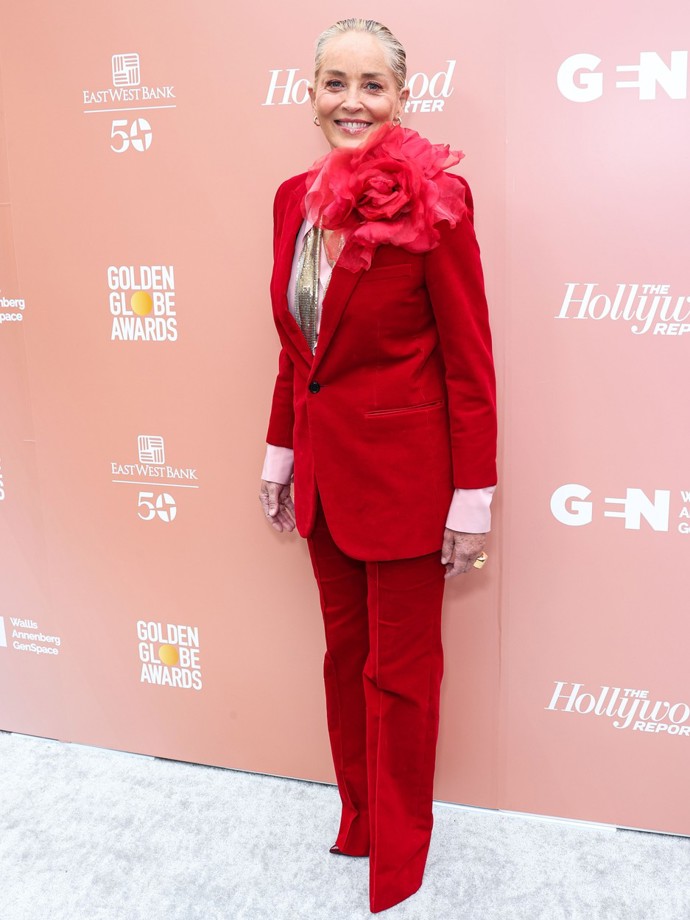 Sharon Stone zářila nejen výrazným odstínem, ale především obřím látkovým květem, který zdobil její rameno.