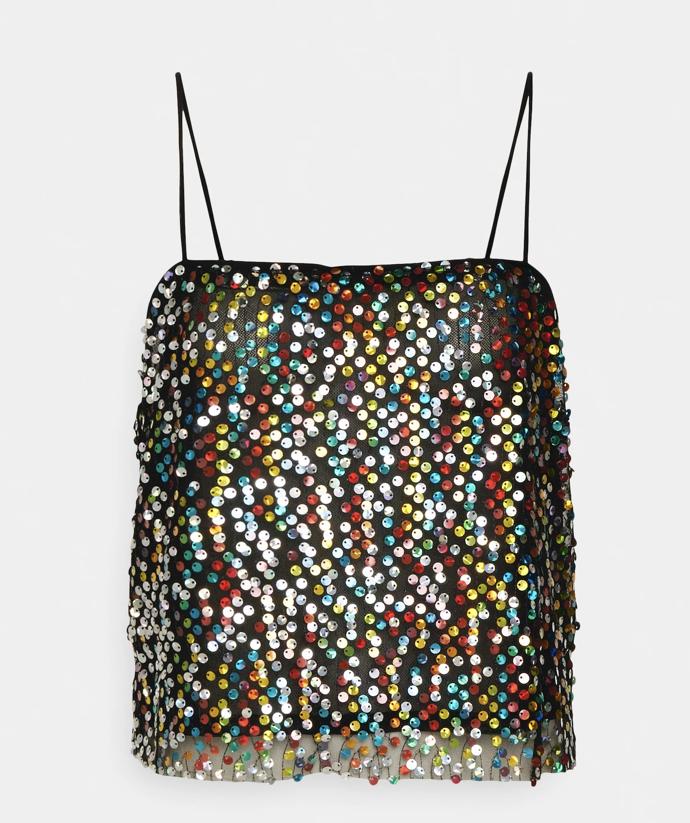 Jednoduchý top se špagetovými ramínky ozdobila firma YAS mnohobarevnými flitry. (899 Kč)