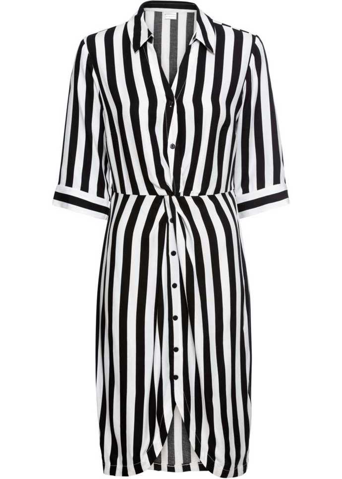 Vertikální proužky svedené do přestřižení v pase. Jednoduchý zeštíhlovací trik na šatech Bonprix. (749 Kč)